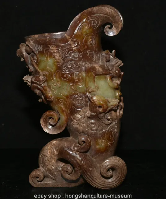 8.4” Old Chinese Hetian Jade Carving Dynasty Palace Dragon Beast Cann Goblet