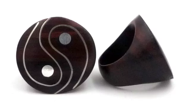 Hand Crafted Silver and Ebony Wood Yin Yang Ring Bali Size R or S