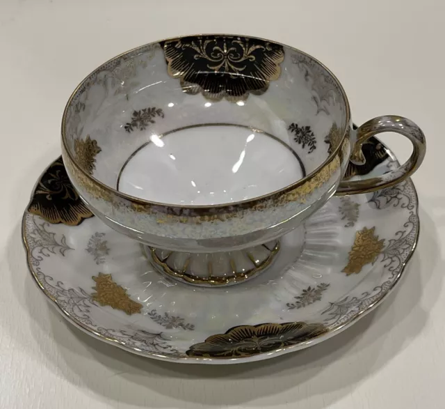 Antique: L M Royal Halsey Very Fine China Pedestal Tea Cup & Saucer Black & Gold