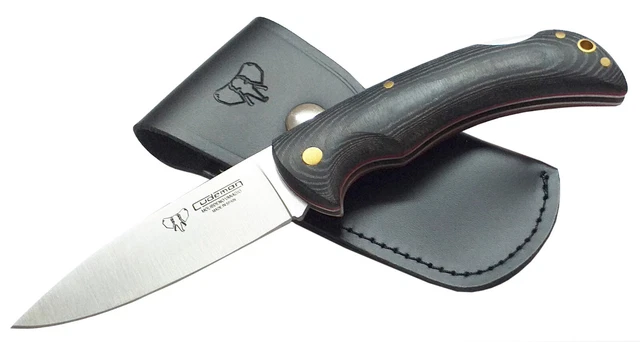 Navaja CUDEMAN 325-MF Hoja 9,5 cm Acero Mova Mango Micarta Negra, Funda de Cuero