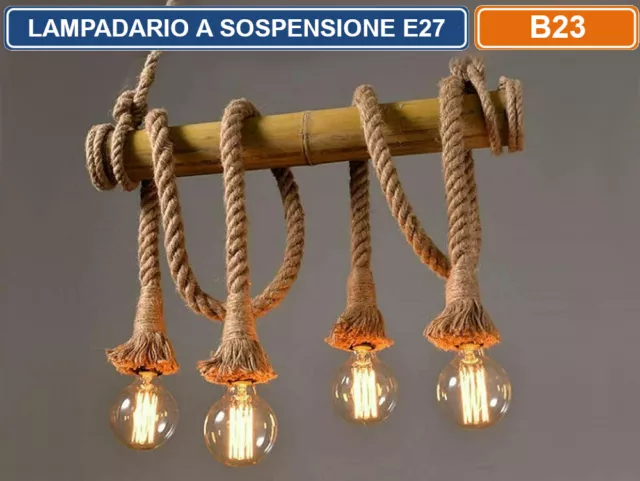 Lampadario A Sospensione Country In Corda Canapa Bambu 4 Attacchi E27 160W