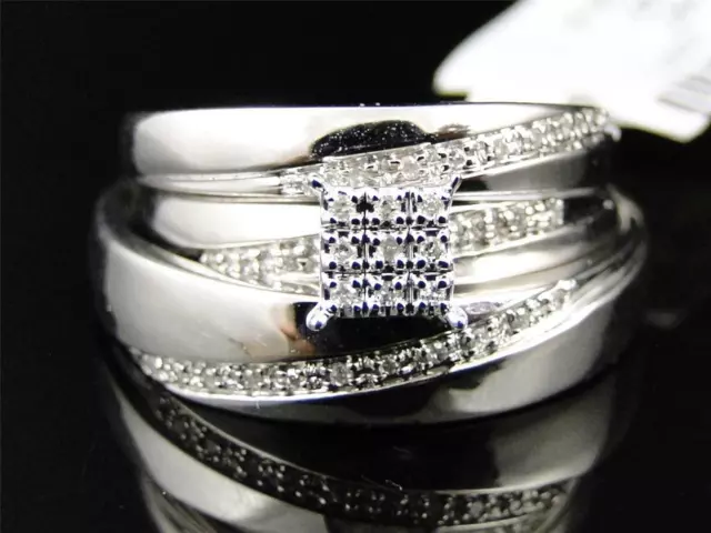 10K Mens Ladies White Gold Diamond Engagement Bridal Wedding Ring Trio Set .25Ct