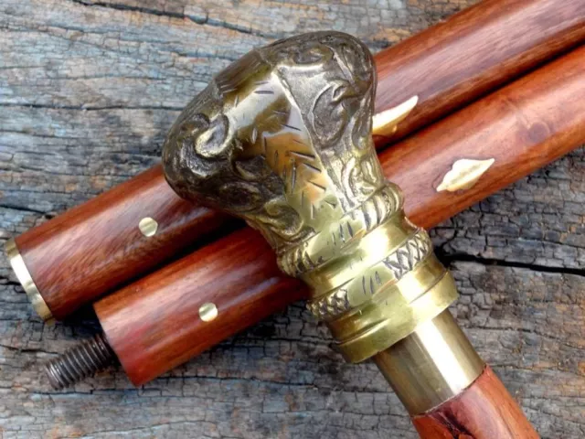 Gentlemens Classic Style Wooden Walking Stick Cane Branch Handle Shiny Brass Fi