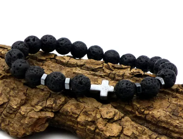 Armband mit Kreuz und Natursteinen Lava / Religion Jesus Natur Herren Damen