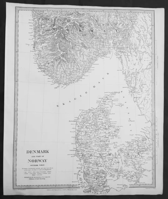 1833 SDUK Original Antique Early Map of Denmark and Southern Norway