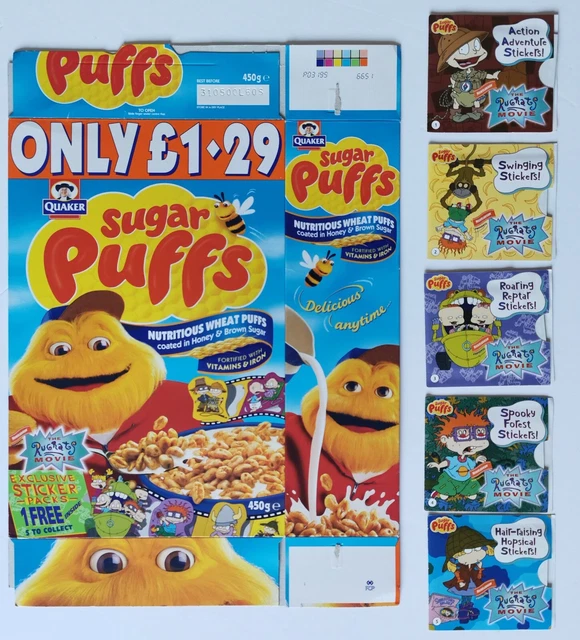 1999 SUGAR PUFFS Cereal The Rugrats Movie Packet box & Set 5 Stickers £