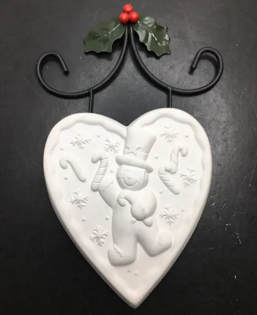 Holiday Snowman Heart Wall Plaque Holly Iron Frame Ceramic Bisque Ready To Paint