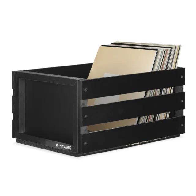 Navaris Caja para discos de vinilo cajón de madera porta 80 vinilos con pizarra