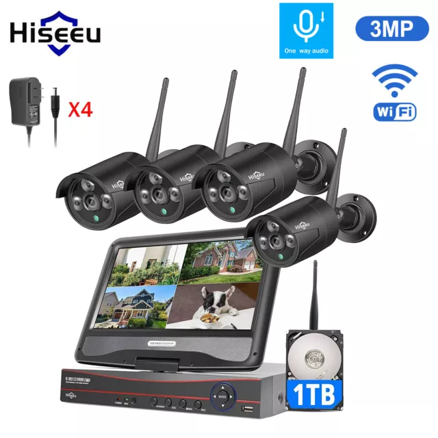 Hiseeu 10"LCD 10CH 2K NVR Outdoor Wireless Security Camera System WIFI 1TB HDD