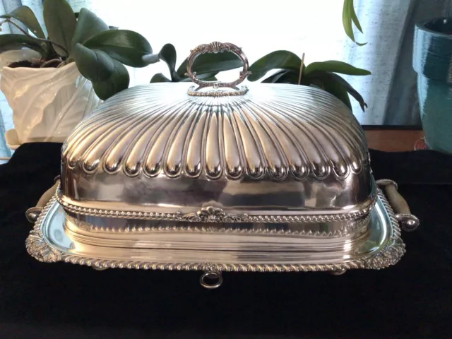 Antique Silver Plate Meat Turkey Warming Tray & Domed Cover early c.1800’s Lg.