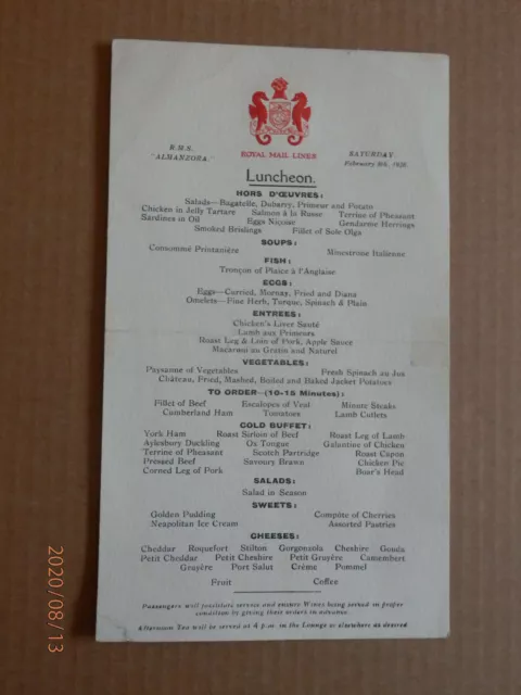 Royal Mail Lines. Luncheon Menu. "RMS Almanzora" 1936