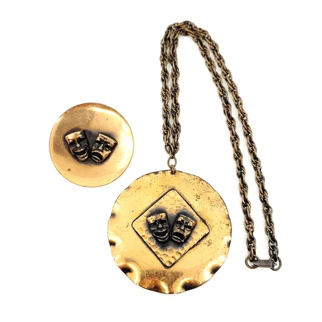 Vintage Copper Comedy /Tragedy Face Brooch Pin , Pendant 24 In Necklace Set Vintage Copper Comedy /Tragedy Face Brooch Pin , Pendant 24 In Necklace Set