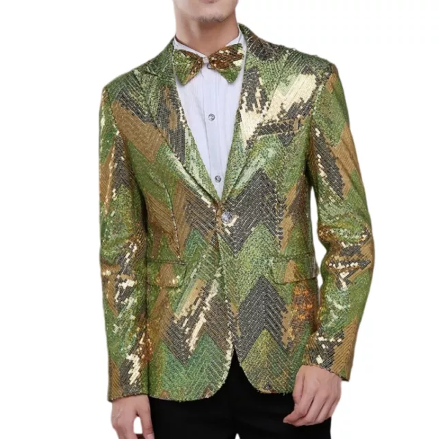 Uomo Lustrini Suit Giacca Abito Slim Papillon Showman Costume Giacca Finta Tasca