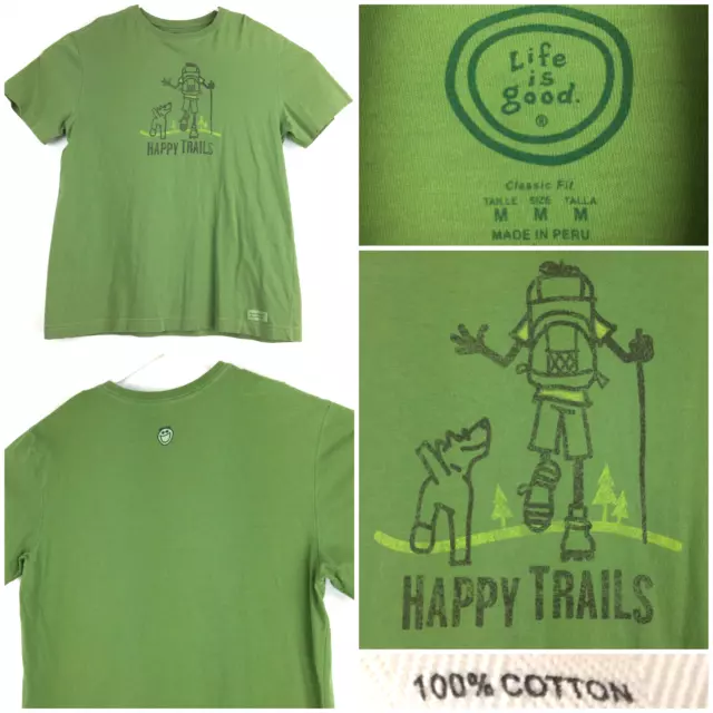 Life Is Good Mens Medium (42 in Chest) Green Happy Trails Hiking Dog Graphic Tee