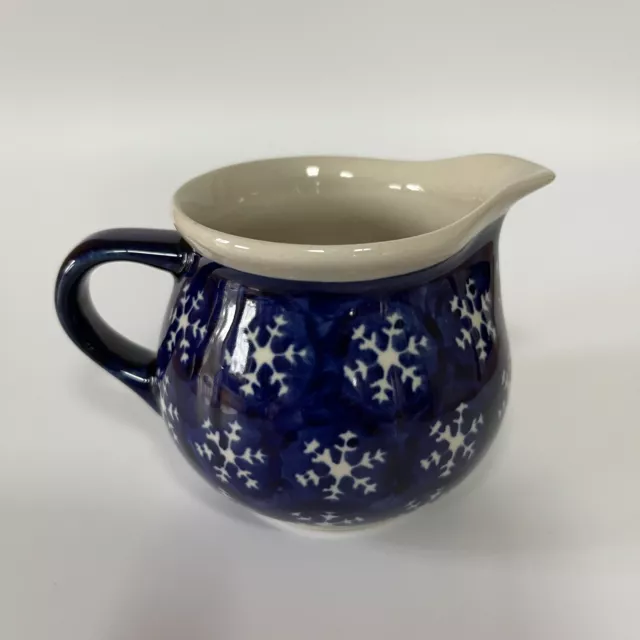 Polish Pottery Boleslawiec Hand Made Creamer Blue Pattern Snowflakes