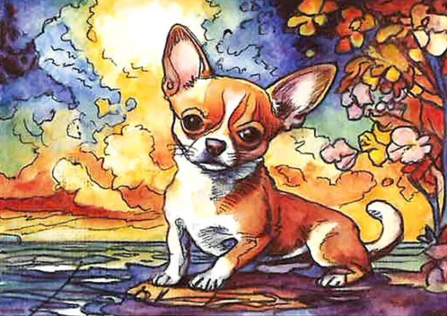 ORIGINAL Hand Painted Pen and Watercolor Art Card ACEO Chihuahua in Spring