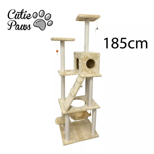 CLEARANCE - CAT TREE 185CM Cubby House Tower Soft Fabric Pole Scratcher Beige