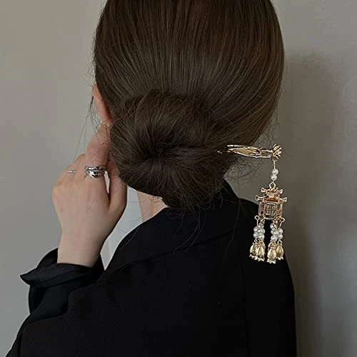 Chinese Ancient Style Lantern Hair Stick Pearl Pendant Hairpin Metal Headdress A