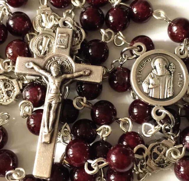 Catholic St. Benedict GARNET GEMSTONE Bead gift Rosary Necklace Cross Jerusalem