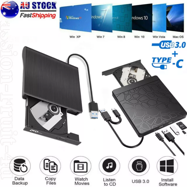 Slim External CD DVD RW Drive USB 3.0 Type-C Writer Burner Player For Laptop PC