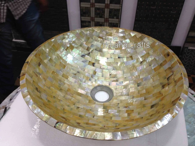 12 Inches Marble Powder Room Sink Mother of Pearl Overlaid Sink with Royal Look