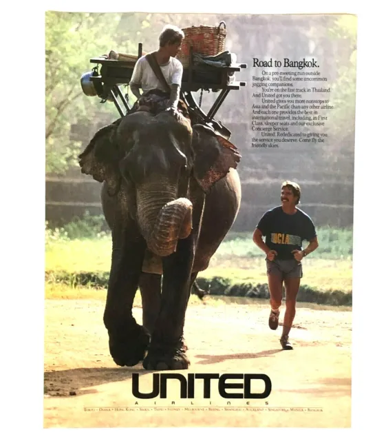 1990 United Airlines Advertisement Bangkok Elephant Man UCLA Shirt Vtg Print AD