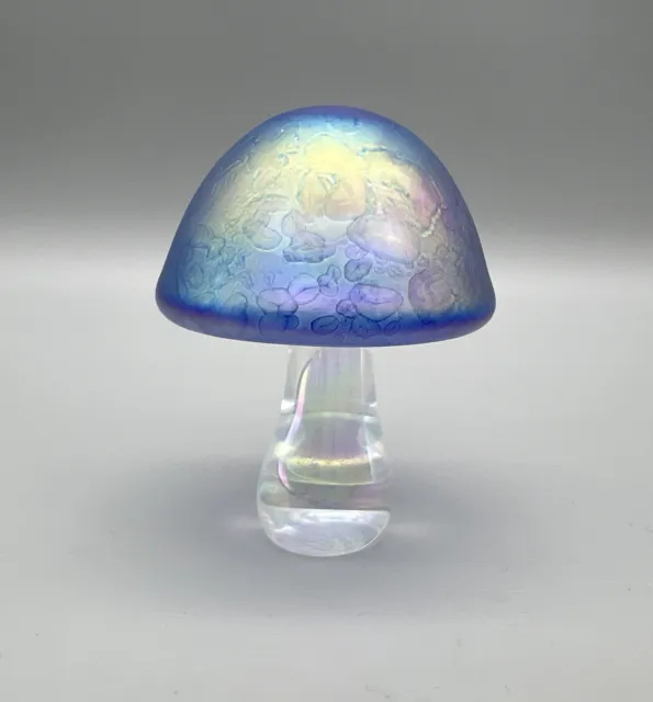 Heron Art Glass Blue Iridescent Mushroom Mini Paperweight Figurine