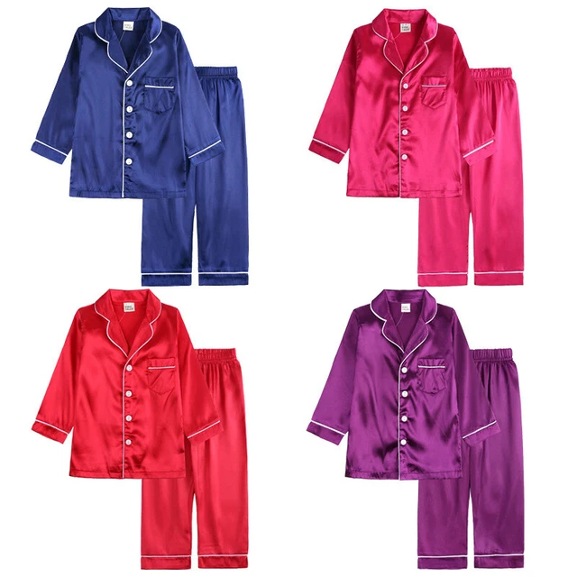 Boy Girl Silk Pyjamas Nightwear Long Sleeve Top Pants Pjs Satin Sleepwear Outfit