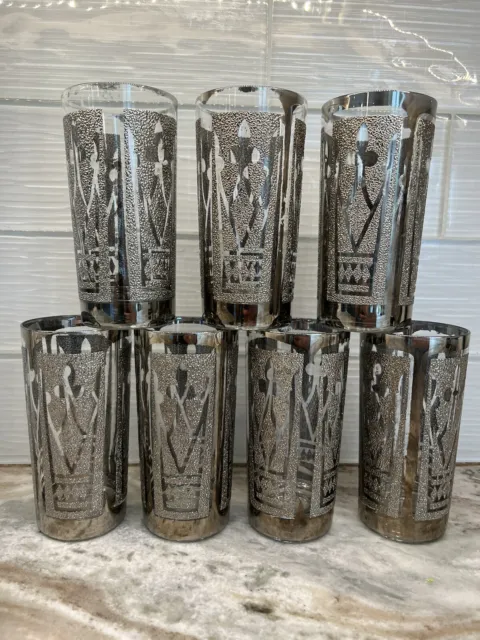 Vintage MCM Barware Highball Cocktail Glasses Silver Embossed Set of 7-READ