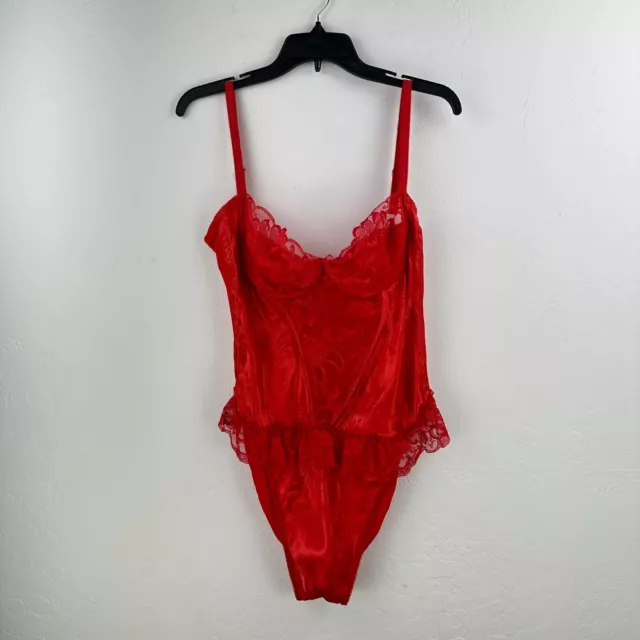 VTG LINGERIE TEDDY Bodysuit Red One Piece Floral Lace Peplum Underwired ...