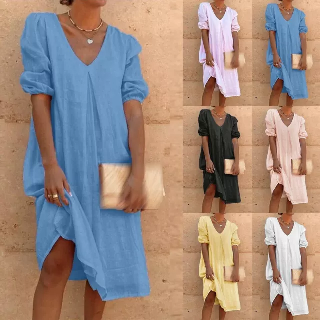 Womens V Neck Plain Cotton Linen Baggy Shirt Dress Ladies Summer Midi Dresses