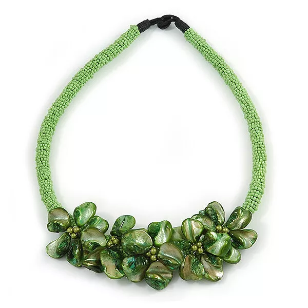 Stunning Lime Green Glass Bead with Forest Green Shell Floral Motif Necklace -