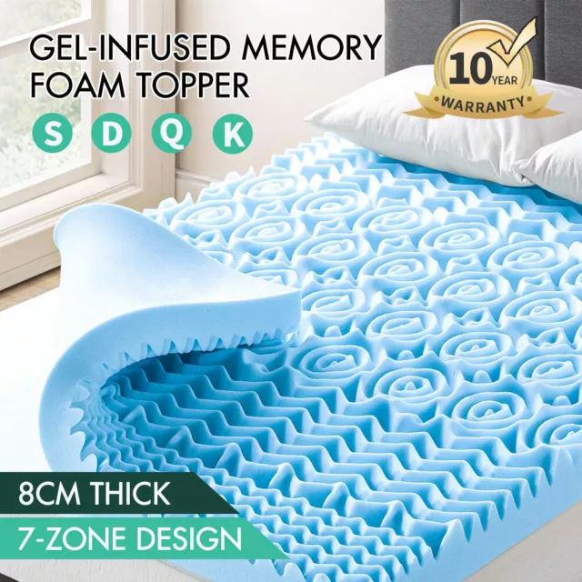 Gel-infused Memory Foam Mattress Topper COOLING GEL Bed Protector 8CM 7-Zone HOT