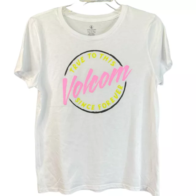 Volcom T-Shirt Womens Size Medium White Pink Brand Logo Front Graphic Nwot