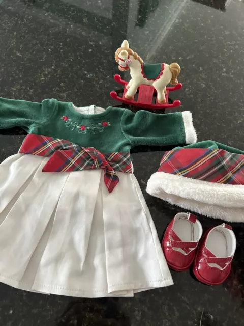 American Girl Bitty Baby Doll Evergreen Holiday Dress Hat Shoes Rocking Horse