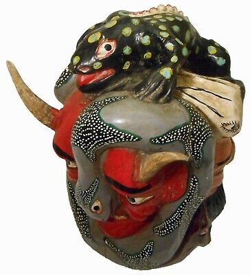 Rare Guerrero Mex 3 Fcd Hnd Crvd Wdn Dancing Mask W/Devil/2 Bearded Men/Reptiles 2