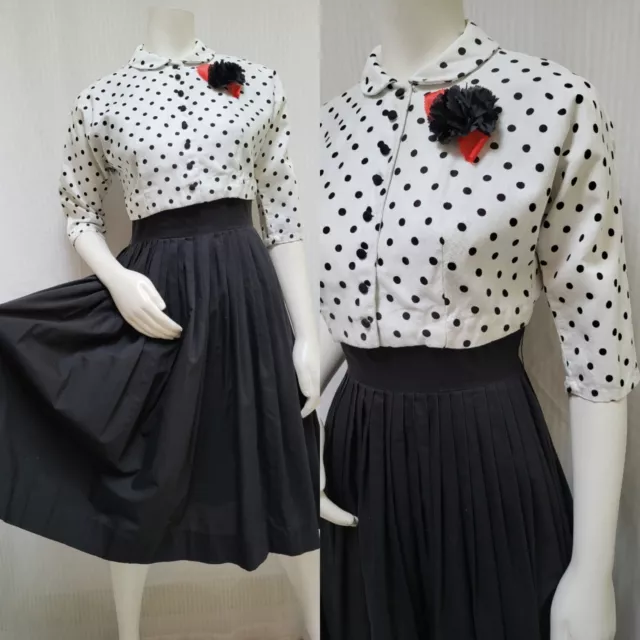 Vintage 1950s Black Fit n Flare DRESS with Polka Dot Bolero Jacket - Size S