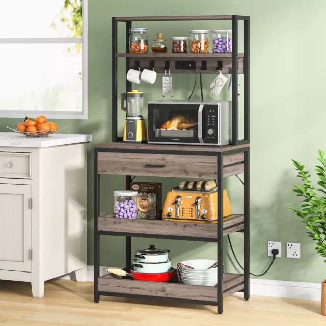 Kitchen Bakers Rack with Power Outlets, Microwave Stand Storage Shelf w/ Drawer