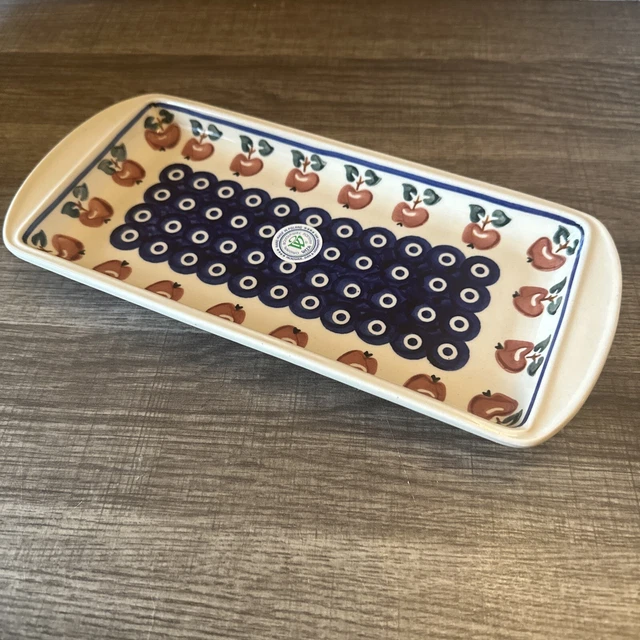 Boleslawiec Polish Pottery 11”x5” Rectangular Tray Apples Dots Blue Red New