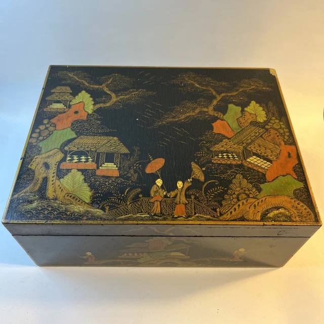 Antique Chinese Painted Wood Jewelry Keepsake Hinged Box Lined Interior 11" Wide