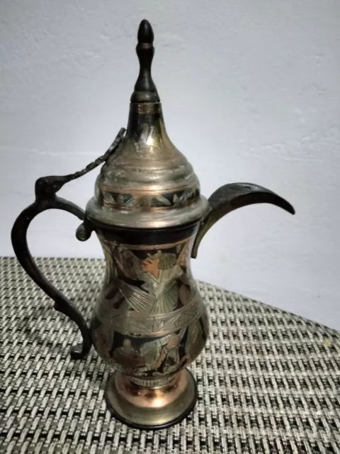 Vintage 1960s Etched Brass Coffee Tea Pot Pitcher From India Enamel Inlay 9"