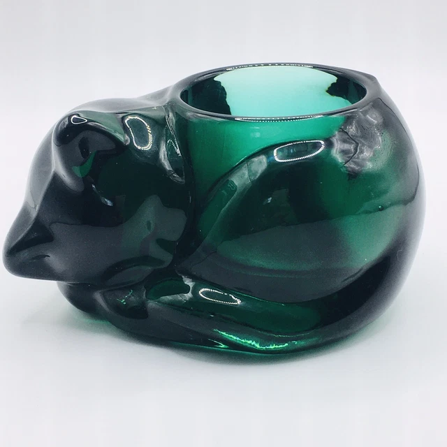 Indiana Glass Emerald Green Sleeping Cat Votive Candle Holder/ Paperweight Used