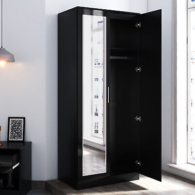 Black High Gloss 2 Doors Wardrobe Bedroom Furniture Storage With Hanging Rail 2