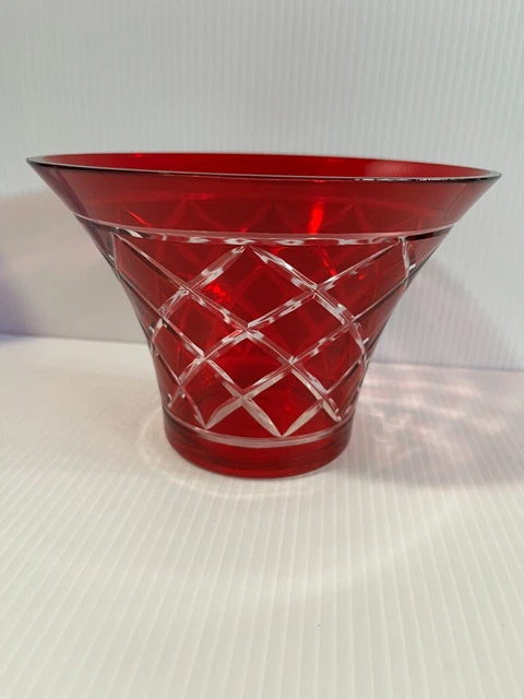Diamond Cut to Clear Red Crystal Bowl/Vase 5 x 7 x 7"