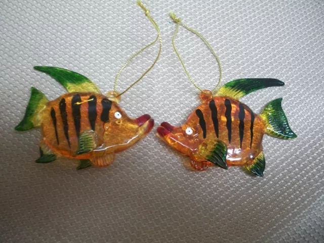 2 Tropical Tiger Fish Orange & Black Painted Glass Christmas Ornaments