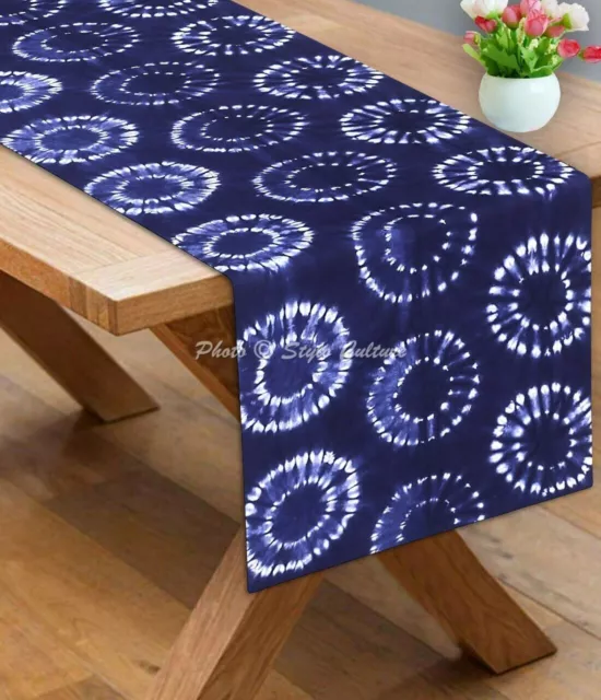 Cubierta de mesa de lona de algodón étnico Shibori círculos azules larga...