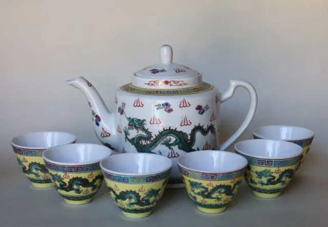 Large Vintage Chinese Famille Rose Porcelain Teapot (1L) and Six Dragon Tea Cups