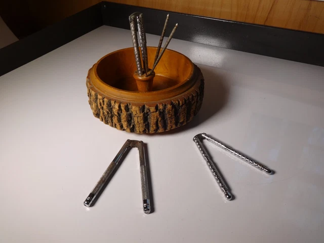 Vintage Nut Cracker Set with Wooden Log Bark Nut Bowl/Dish 3 Pickers 3 Crackers