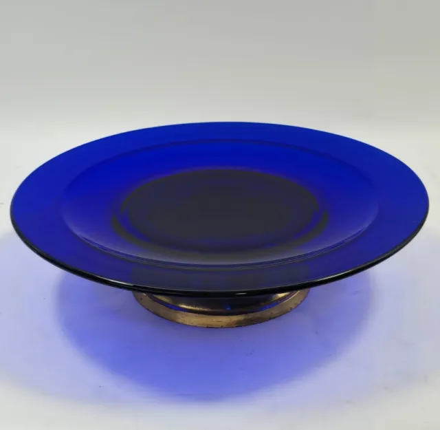 Striking Cobalt Blue Decorative Plate with Elegant Brass Base 12" Excellent Cond