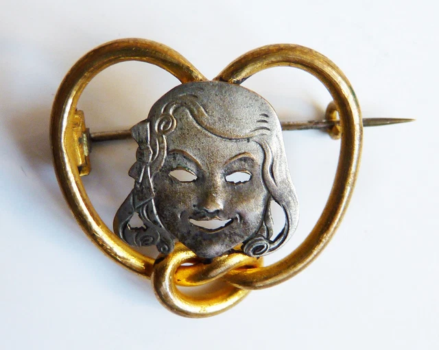 Broche Ancienne Art Nouveau - Tête De Femme De Profil En Laiton Doré - Bon État